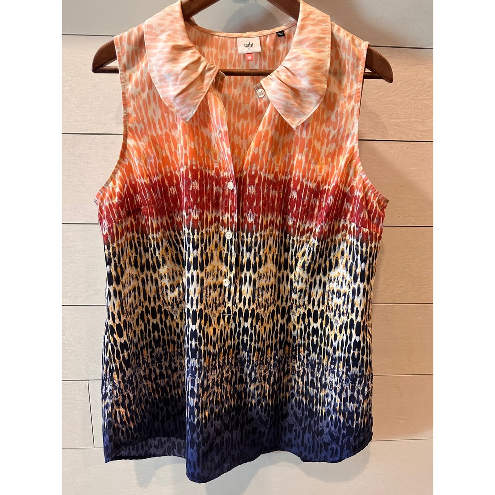 Cabi Sleeveless Ruffle Collar Ombre Animal Print Blouse 3078 Orange Navy Large